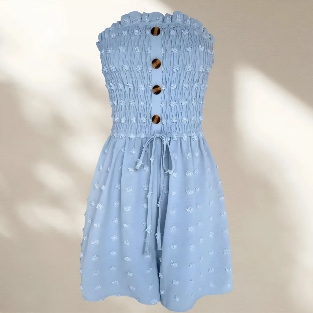 Blue off-shoulder women's jumpsuit with sleeveless design and mid waist on mannequin
