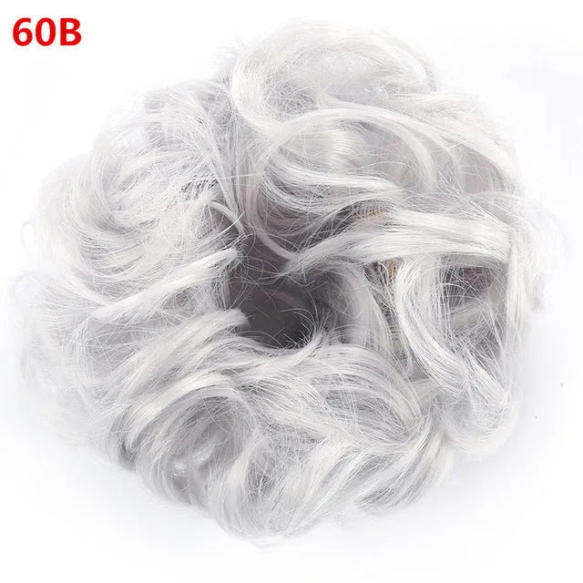 Wig hair circle synthetic hair band with adjustable elastic, heat resistant, in Jet Black or Auburn, for buns and ponytails.
