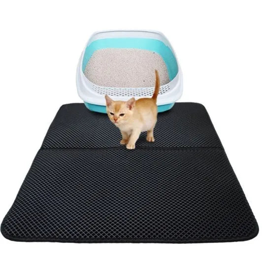 Waterproof EVA cat litter mat with double-layer honeycomb surface, available in black or grey and four sizes.