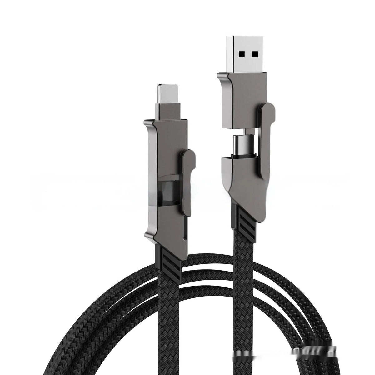 Six-in-one 120W fast charge data cable with zinc alloy connectors in black, showing multiple USB tips