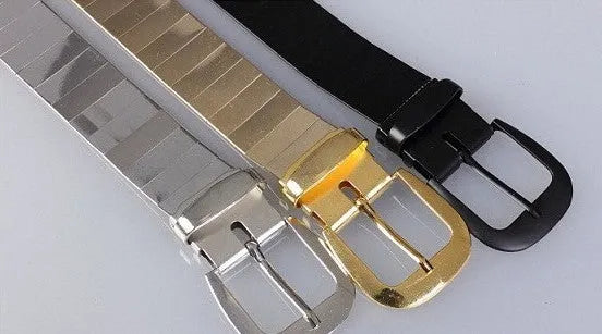 Shiny metallic belt shown in black, gold, and silver for parties and evening wear