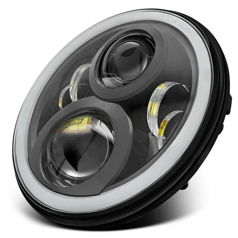 7 inch round LED headlight with angel eyes, black housing, 6500K, IP68, for 12V 24V vehicles