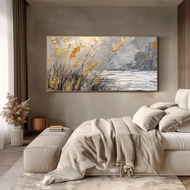 Hand painted abstract landscape oil painting of lake reed beds on canvas, horizontal modern style