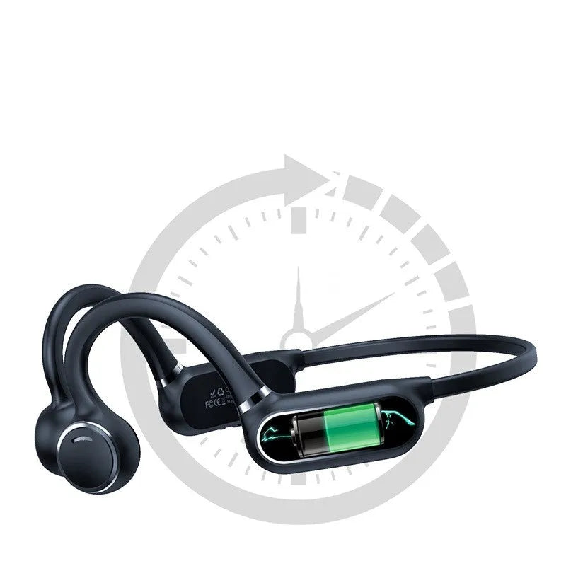 Black air conduction Bluetooth earphone with titanium wire frame shown bent for hanging