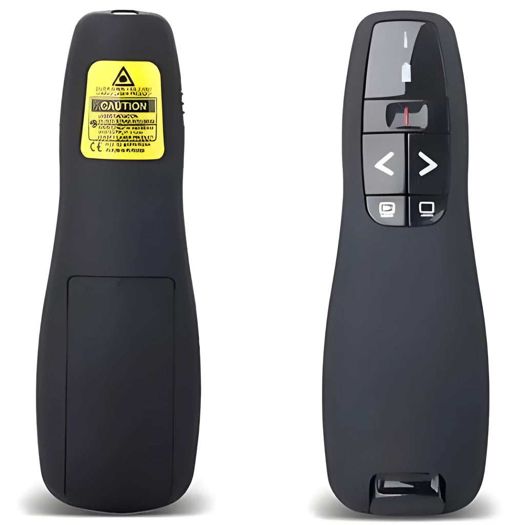 Black wireless presenter pen with laser pointer and slide control buttons next to its small USB receiver.