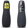 Black wireless presenter pen with laser pointer and slide control buttons next to its small USB receiver.