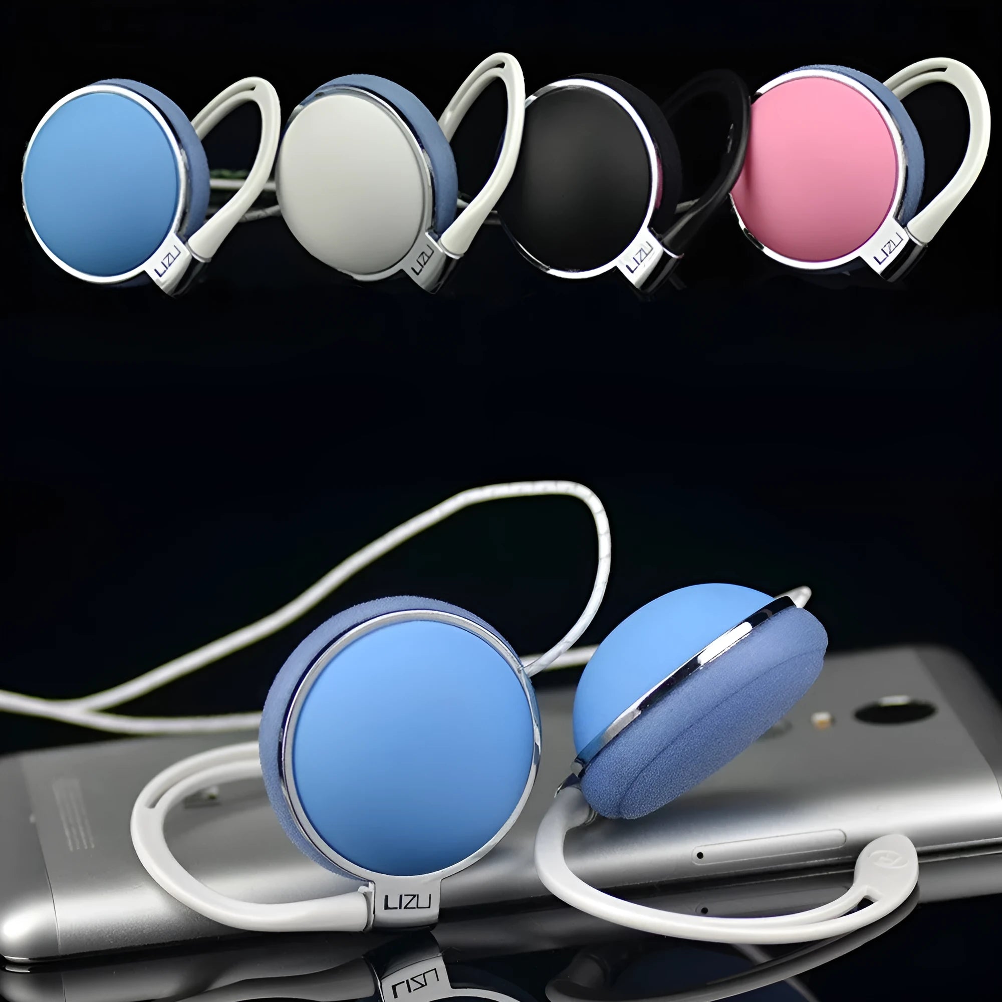 Wired ear-hook headphones with 3.5mm plug, 30mm driver, black sponge earpads, and TPE cable
