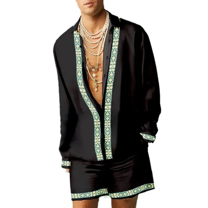 Men's slim fit polyester shirt and loose casual shorts matching set on a hanger.