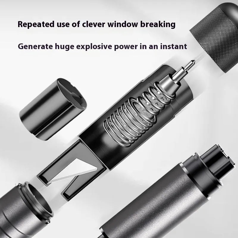 Gun grey car safety hammer with window breaker and seatbelt cutter on a 3M rubber base.