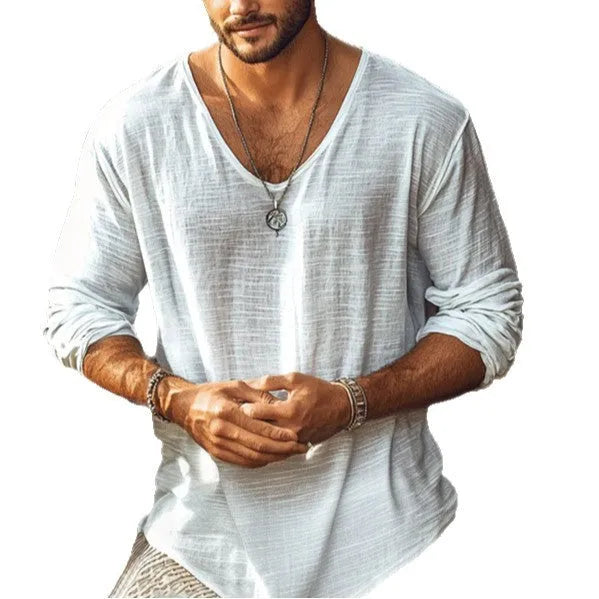 Beige slim fit V-neck long-sleeved T-shirt made from a breathable hemp blend fabric.