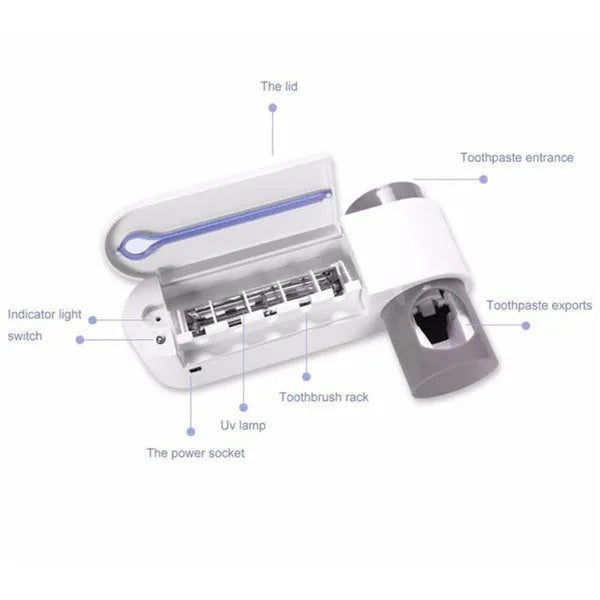 3-in-1 toothbrush holder with UV sterilizer and toothpaste dispenser, wall mounted, white ABS