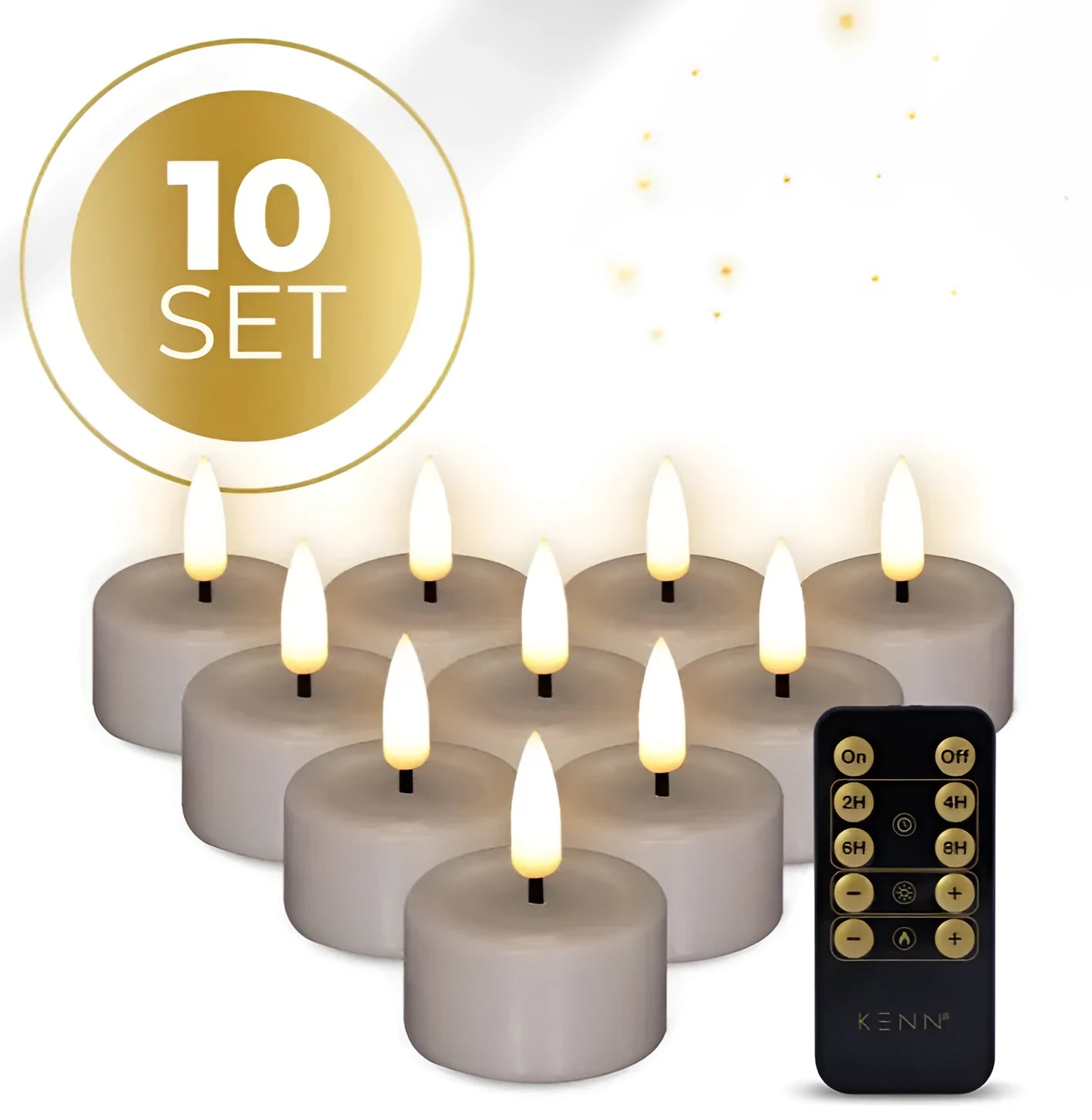Set of four taupe-coloured LED tealight candles with a realistic 3D flickering flame effect.