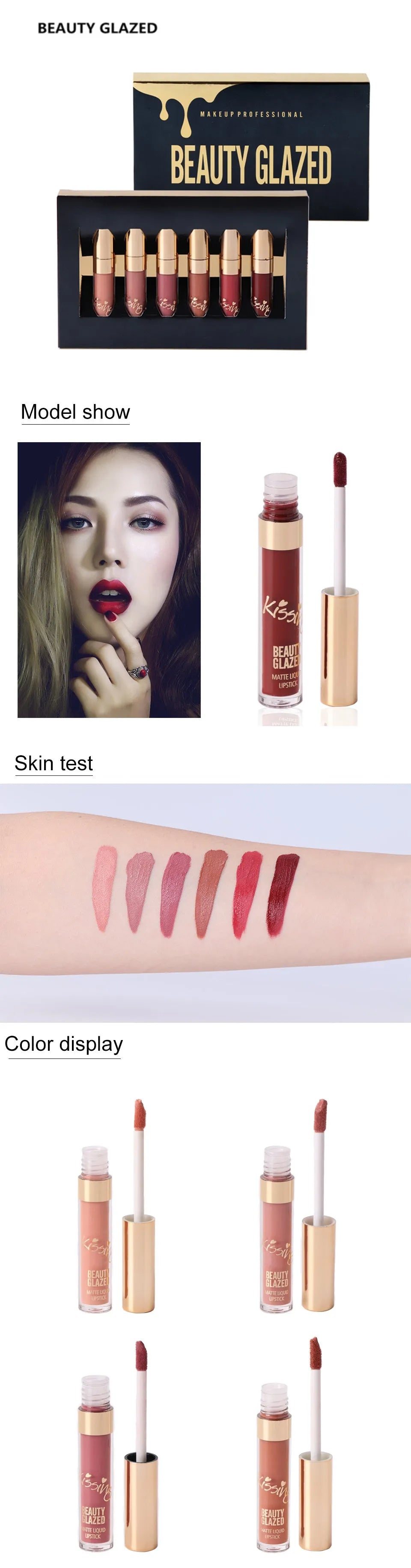 6Pcs liquid matte lipstick set with six tubes and stated net content of ten