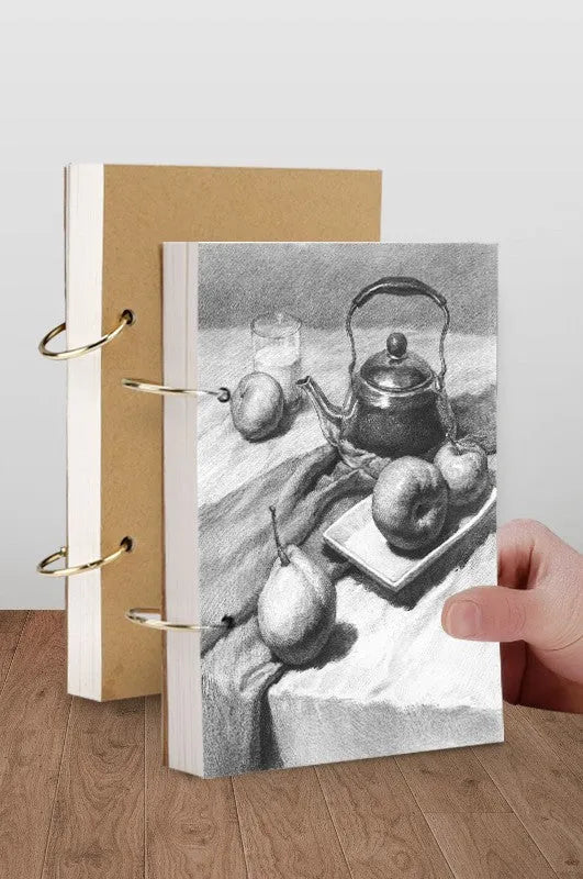 8K thickened sketchbook open showing coil binding and marker illustration on specialised paper