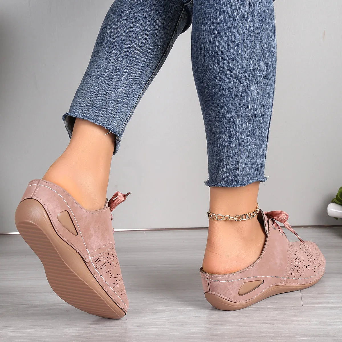 Women's lace-up wedge slippers with hollow out design in light grey colour
