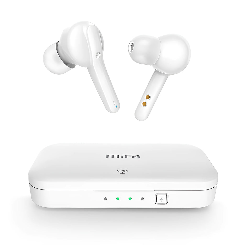 Black and white true wireless Bluetooth earbuds with in-ear design.