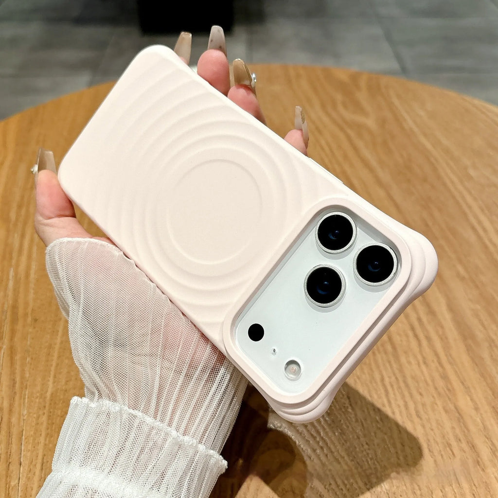 Wave ripple magnetic suction liquid silicone phone case in pink for iPhone 15 Pro Max all-inclusive cover