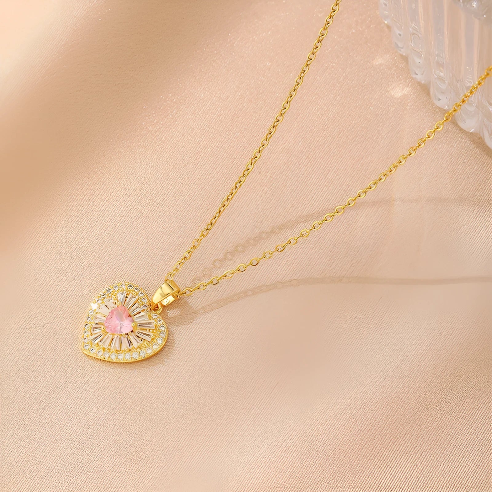 Women's copper necklace showing a choice of butterfly, cross, heart, and round diamond electroplated pendants.