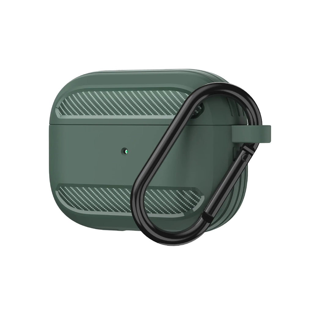 Carbon fibre pattern TPU protective case for AirPods Pro shown in black clamshell style