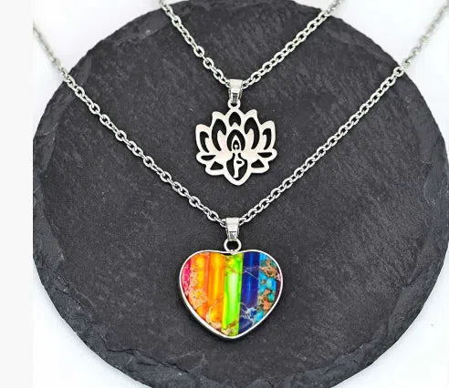 Seven-colour natural stone heart-shaped lotus pendant on a silver-toned double-layer necklace with stone beads