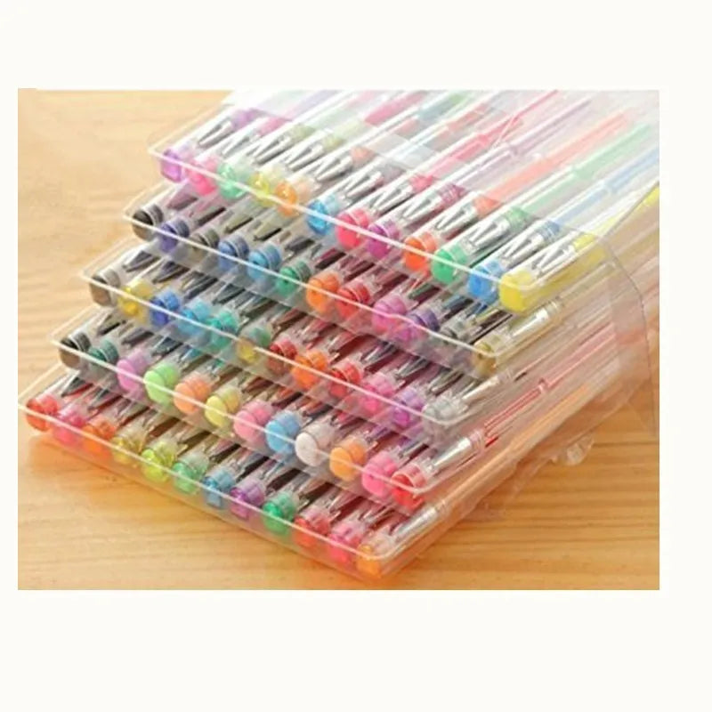 Set of 100 assorted colour gel pens with plastic shells on a white background.