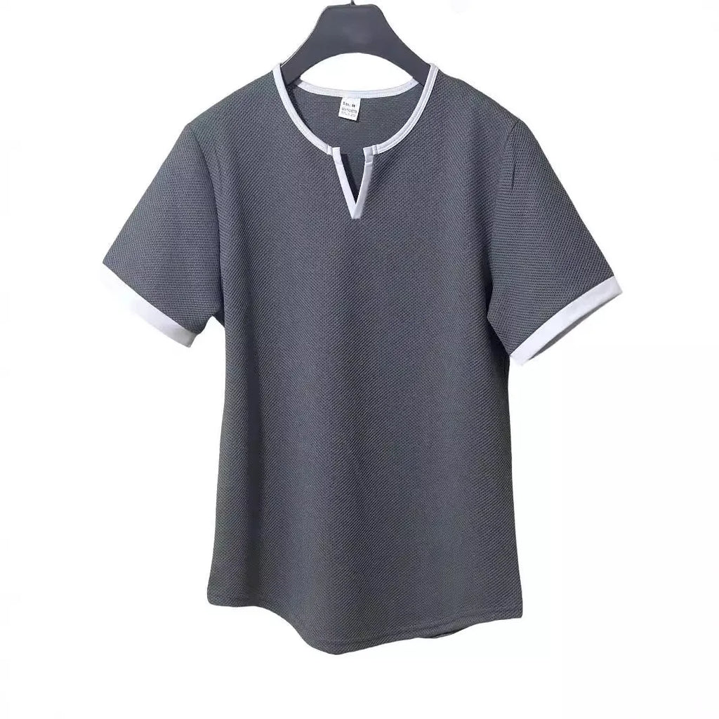 Colour-block V-neck outdoor sports T-shirt in waffle polyester fabric with short sleeves