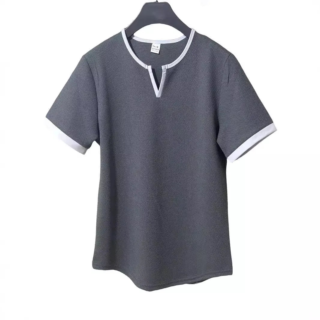 Colour-block V-neck outdoor sports T-shirt in waffle polyester fabric with short sleeves