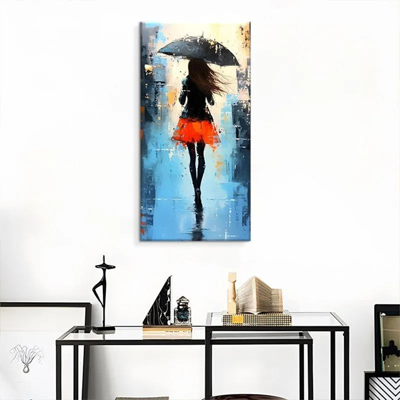 Hand painted modern abstract oil painting of people walking in the rain on canvas, vertical orientation, no frame, for living room decoration.