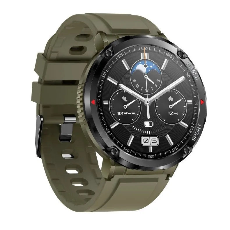 Black T30 smart watch with a silicone strap on a wrist, showing the IPS touchscreen display.