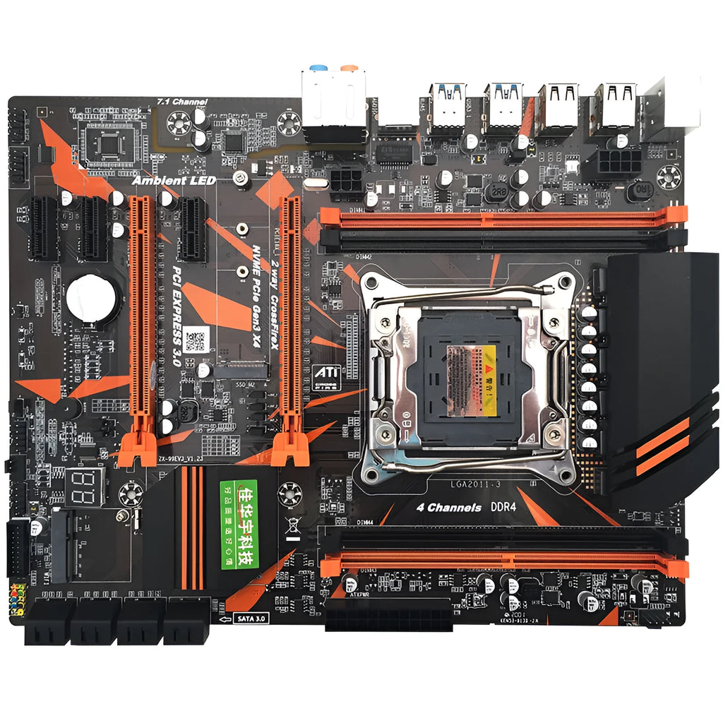 Black X99 ATX motherboard with LGA2011-3 socket, four DDR4 slots, dual PCI-E x16 slots, and heat sinks.