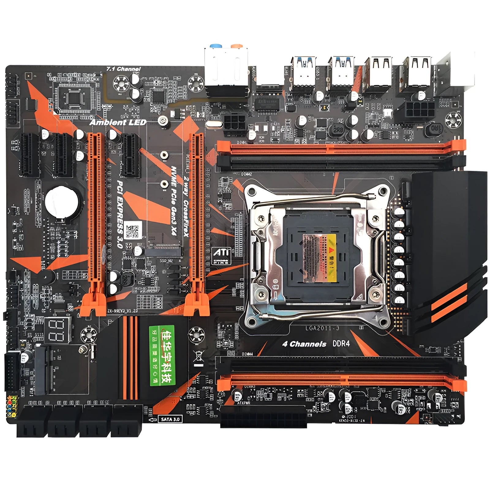 Black X99 ATX motherboard with LGA2011-3 socket, four DDR4 slots, dual PCI-E x16 slots, and heat sinks.