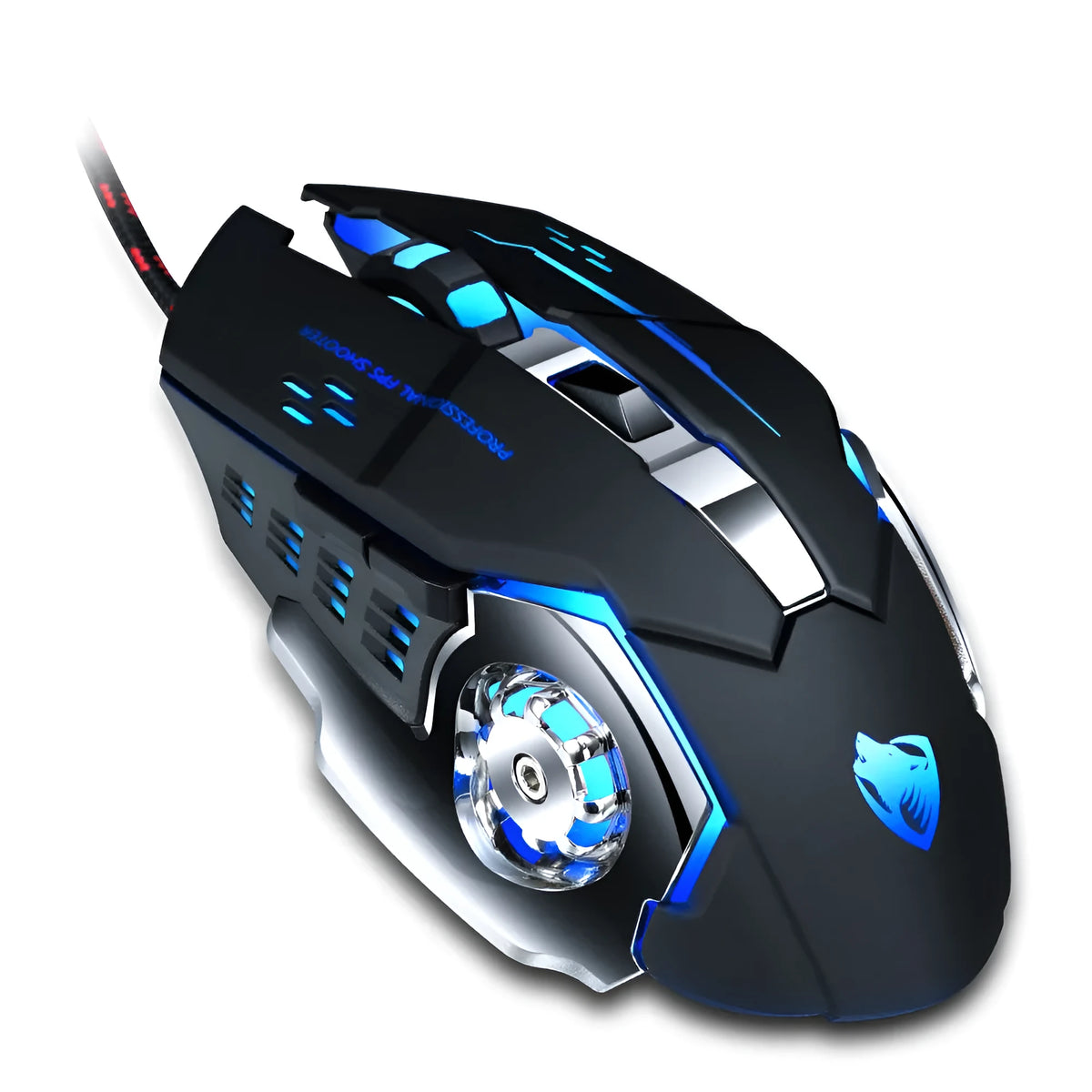 Wired gaming mouse with 1600dpi optical sensor, six buttons, touch wheel, and 1.2m USB cable in black.