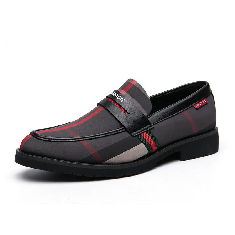 Men's pointed toe formal business shoes in dark grey red with PU and cloth upper and rubber sole, low top