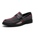 Men's pointed toe formal business shoes in dark grey red with PU and cloth upper and rubber sole, low top