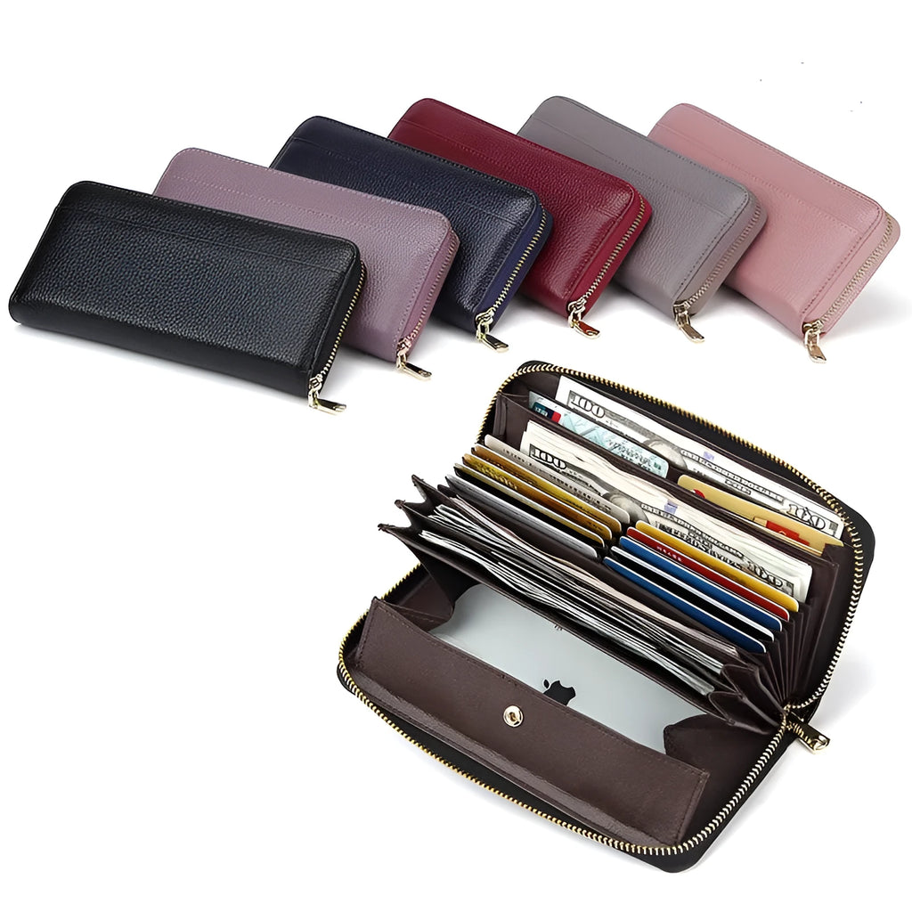 Women's genuine leather long wallet in six colour options with anti-theft card swiping functionality