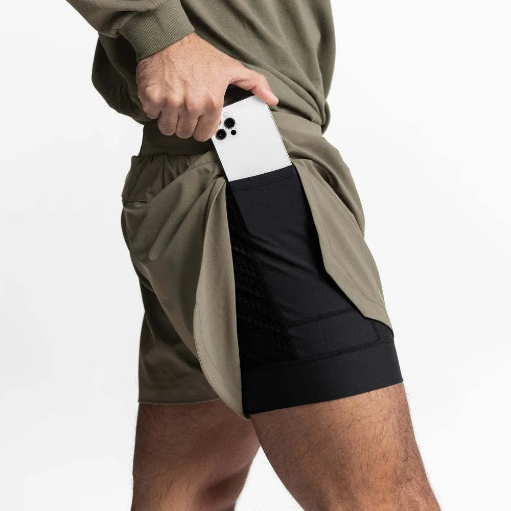 Men's Muscle gym shorts in camouflage colour, polyester blend fabric, mid-rise waist, stretch fit for training