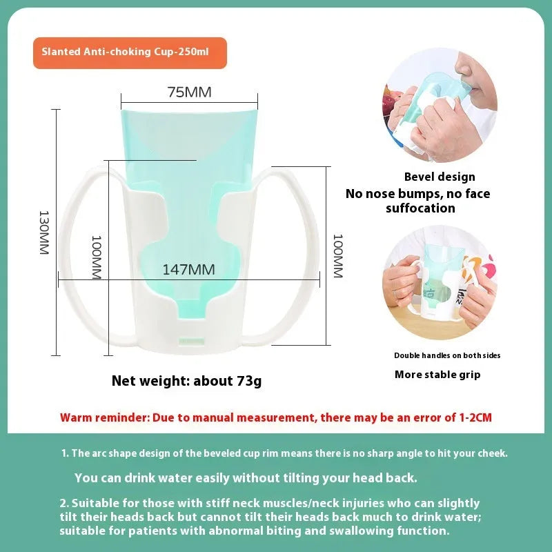 Adult oblique mouth choke proof bed drinking cup with handle and optional wrist splint.