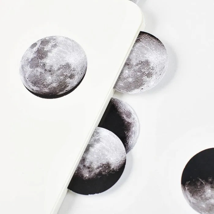 Box containing 45 black moon phase and planet calendar stickers on self-adhesive paper.