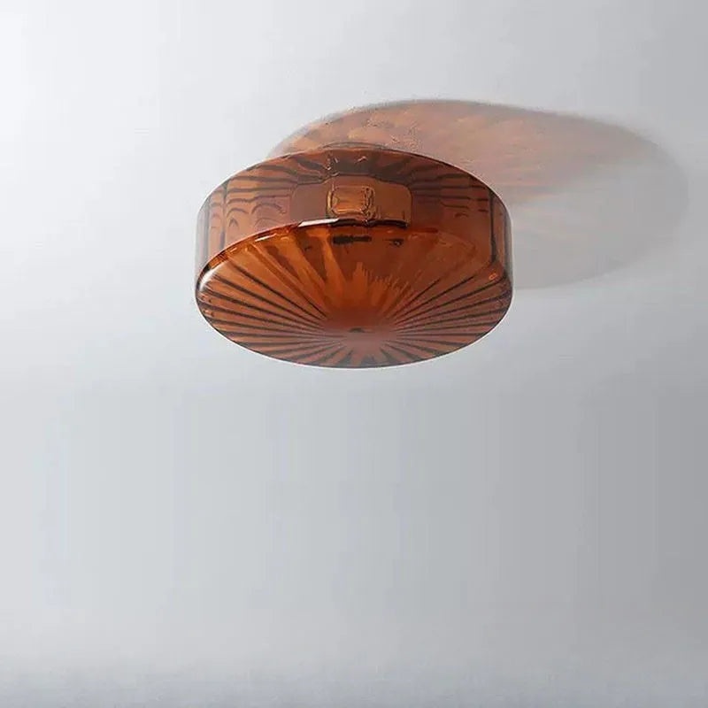 Mid-ancient French style round ceiling lamp with water pattern glass shade and iron body, 20cm diameter