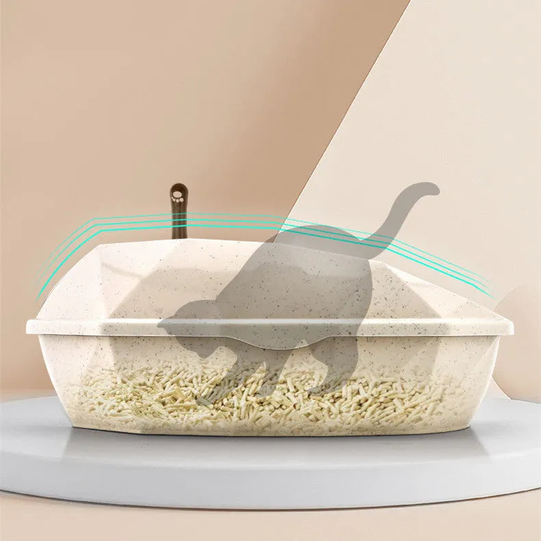 Plastic anti-sputtering semi-enclosed cat litter box in blue with shovel and diamond-shaped pattern