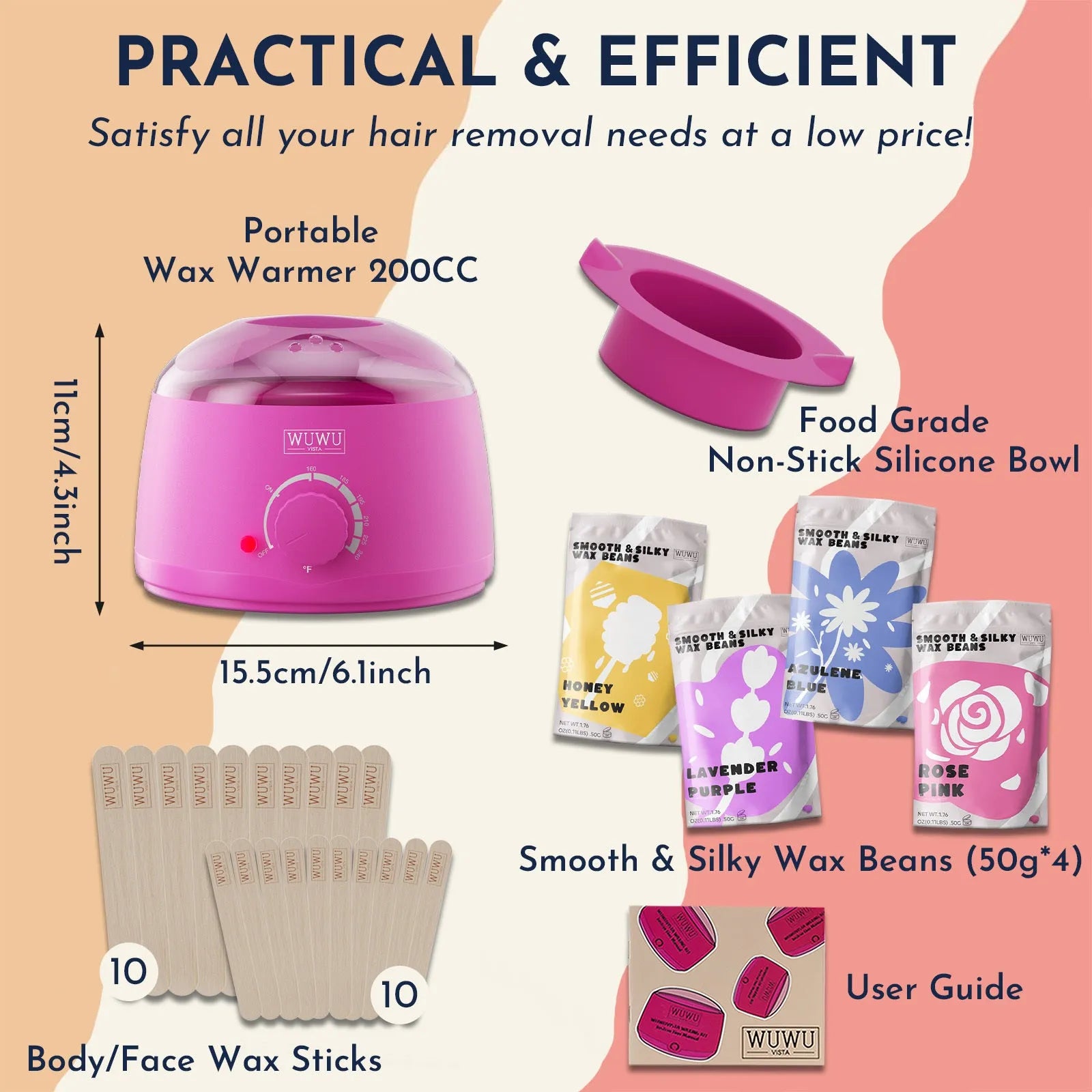 27-piece hair removal wax kit with wax warmer, four coloured wax beads, and applicator sticks.