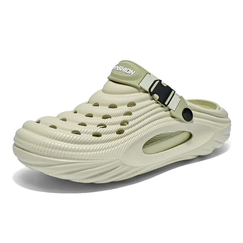 Men's solid colour EVA foam platform slippers with hollow-out pattern, shown in light green.