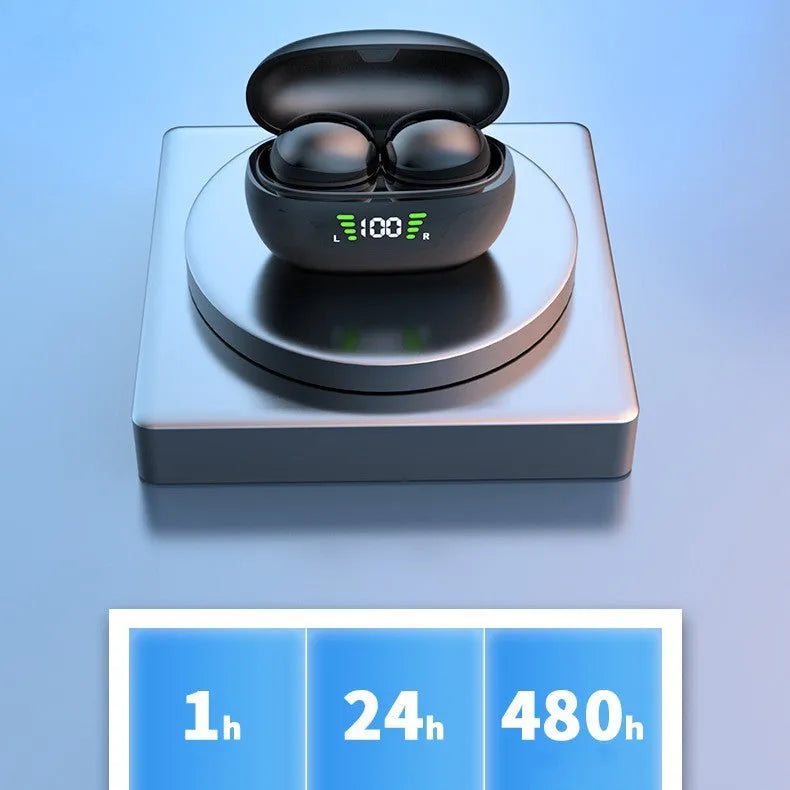 Black wireless Bluetooth Super Mini in-ear earphones with digital display screen and charging cable