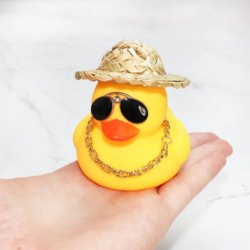Yellow cartoon duck car ornament wearing straw hat with adhesive base and sunglasses necklace accessory