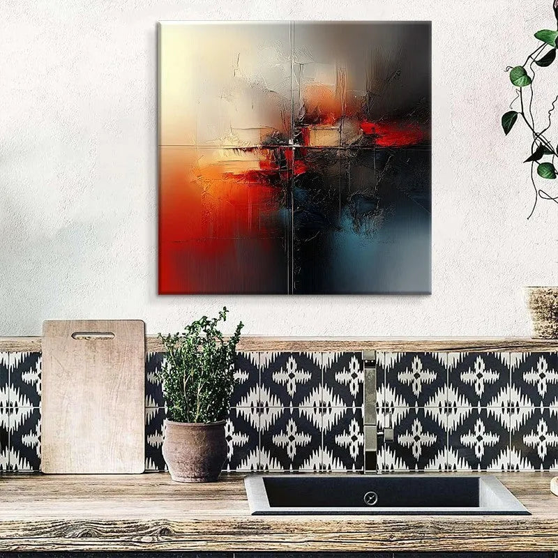 Handmade abstract oil painting on canvas in red tones, frameless rolled wall art for home decor