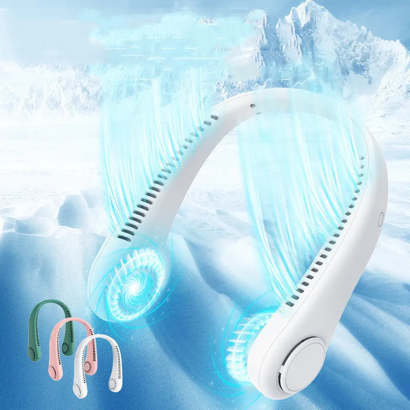 Rechargeable bladeless neck fan hanging around neck with hands-free design