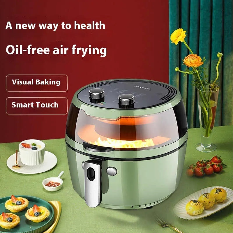8-litre capacity air fryer oven with visible window and mechanical control buttons.