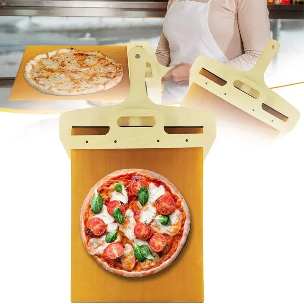 Wooden pizza transfer shovel with cutting board surface and hanging hole