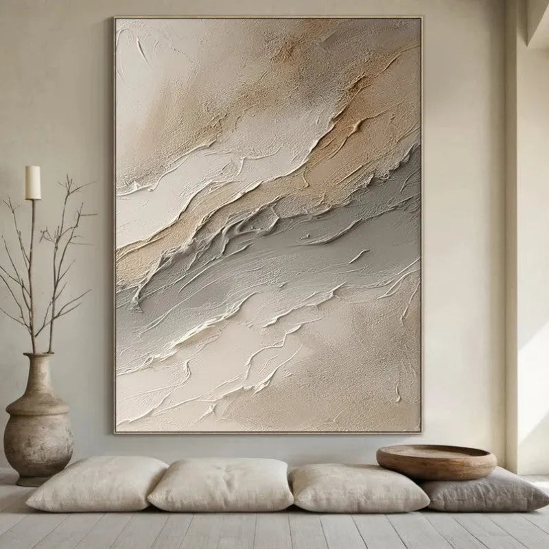 Hand-painted beige grey abstract oil painting on rolled unframed canvas for living room wall decor