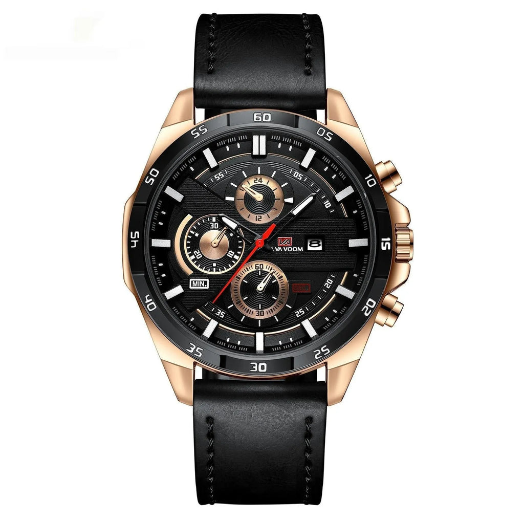 Men's casual quartz watch with calendar on brown leather-look strap and white dial.